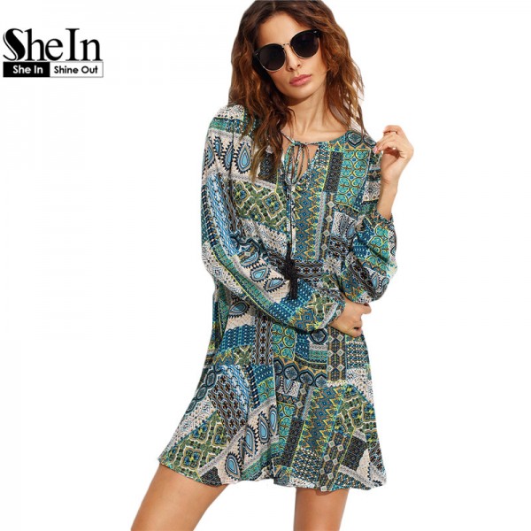 SheIn Womens Vintage Short Dresses Boho Ladies Autumn Green Ornate Patchwork Print Tie Neck Long Sleeve Shift Tunic Dress