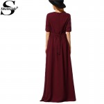 Sheinside 2016 Female Korean Designer Elegant Fashionable Brand New Arrival Cute Burgundy Round Neck Maxi Dress