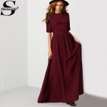 Sheinside 2016 Female Korean Designer Elegant Fashionable Brand New Arrival Cute Burgundy Round Neck Maxi Dress