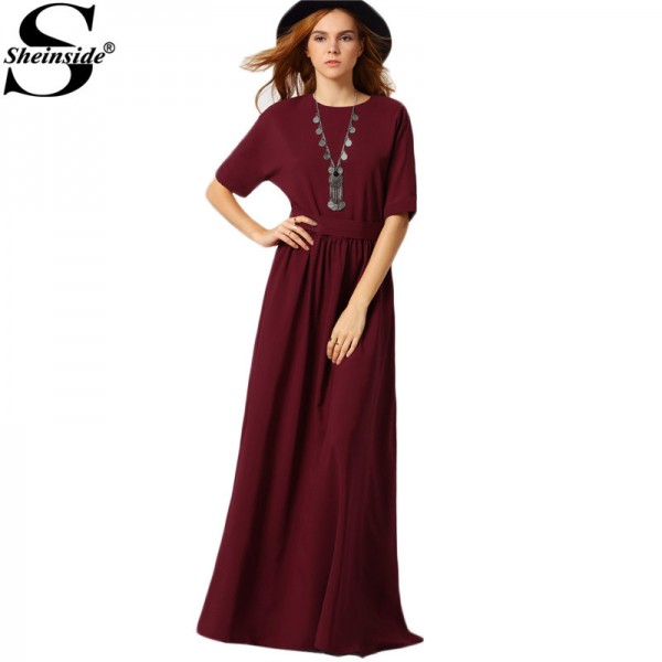 Sheinside 2016 Female Korean Designer Elegant Fashionable Brand New Arrival Cute Burgundy Round Neck Maxi Dress