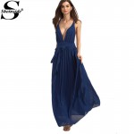 Sheinside 2016 New Bohemian Beach Summer Fashion Brand Elegant Womens Sexy Plain Deep V Neck Maxi Dress