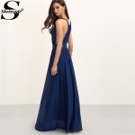 Sheinside 2016 New Bohemian Beach Summer Fashion Brand Elegant Womens Sexy Plain Deep V Neck Maxi Dress