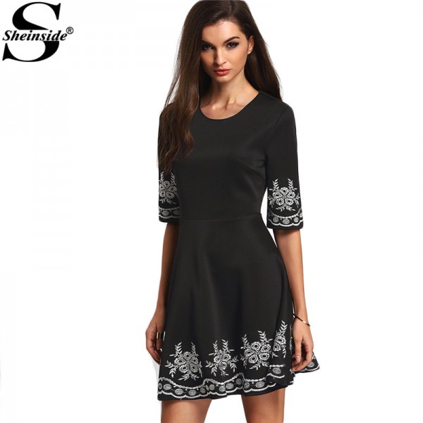 Sheinside A-line Boho Dresses Summer Style Vintage Women 2016 New Arrival Ladies Black Half Sleeve Embroidered Flare Dress