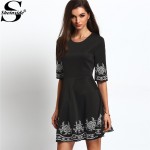 Sheinside A-line Boho Dresses Summer Style Vintage Women 2016 New Arrival Ladies Black Half Sleeve Embroidered Flare Dress