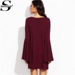 Sheinside Burgundy Flare Sleeve Shift Dress 2016 Fall New Style Ladies Round Neck Long Sleeve Loose Mini Dress