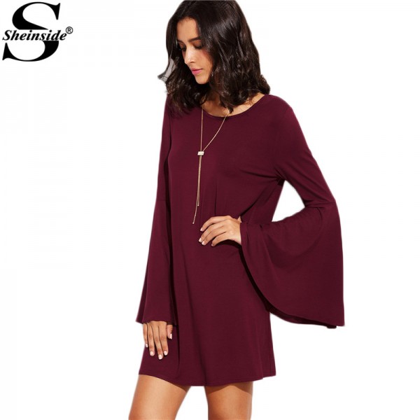 Sheinside Burgundy Flare Sleeve Shift Dress 2016 Fall New Style Ladies Round Neck Long Sleeve Loose Mini Dress
