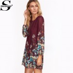 Sheinside Casual Dresses for Woman Fashion Women Office Dresses Multicolor Floral Print Long Sleeve Chiffon Dress 