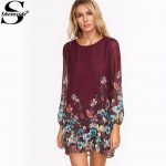 Sheinside Casual Dresses for Woman Fashion Women Office Dresses Multicolor Floral Print Long Sleeve Chiffon Dress 