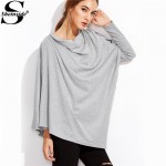 Sheinside Famous Brand Women Shirts Korean Fashion Clothing Womens Long Sleeve Tops Grey Asymmetrical Drape T-shirt 