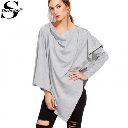 Sheinside Famous Brand Women Shirts Korean Fashion Clothing Womens Long Sleeve Tops Grey Asymmetrical Drape T-shirt 