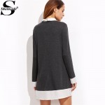 Sheinside Korean Style Women Designer Long Sleeve Patchwork Dress Mini Dress Heather Grey Contrast Collar And Trim Dress 