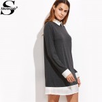 Sheinside Korean Style Women Designer Long Sleeve Patchwork Dress Mini Dress Heather Grey Contrast Collar And Trim Dress 