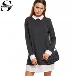 Sheinside Korean Style Women Designer Long Sleeve Patchwork Dress Mini Dress Heather Grey Contrast Collar And Trim Dress 