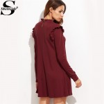 Sheinside Ladies Elegant Designer Korean Dress Mini Dresses Burgundy Long Sleeve  With Frill Detail Tee Dress