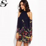 Sheinside Ladies Navy Flower Print Keyhole Round Neck Cold Shoulder Long Sleeve Cut Out Shift Mini Dress 