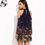 Sheinside Ladies Navy Flower Print Keyhole Round Neck Cold Shoulder Long Sleeve Cut Out Shift Mini Dress 