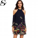 Sheinside Ladies Navy Flower Print Keyhole Round Neck Cold Shoulder Long Sleeve Cut Out Shift Mini Dress 