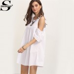 Sheinside Ladies Summer White Ruffle Cold Shoulder Shift Dress 2016 Round Neck Half Sleeve Straight Mini Dress