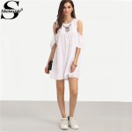 Sheinside Ladies Summer White Ruffle Cold Shoulder Shift Dress 2016 Round Neck Half Sleeve Straight Mini Dress