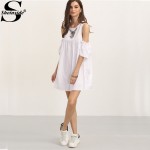 Sheinside Ladies Summer White Ruffle Cold Shoulder Shift Dress 2016 Round Neck Half Sleeve Straight Mini Dress