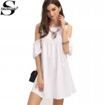 Sheinside Ladies Summer White Ruffle Cold Shoulder Shift Dress 2016 Round Neck Half Sleeve Straight Mini Dress