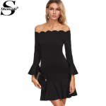 Sheinside Sexy Mini Dresses Fashion Dress for Women Clothing Women Office Dresses Black Scallop Off The Shoulder Ruffle Dress 