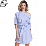 Sheinside Spring Cute Brand Korean Designers 2016 Newest Women's Blue Half Sleeve Rayon Off The Shoulder Striped Shift Dress