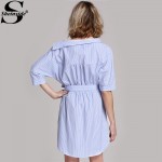 Sheinside Spring Cute Brand Korean Designers 2016 Newest Women's Blue Half Sleeve Rayon Off The Shoulder Striped Shift Dress