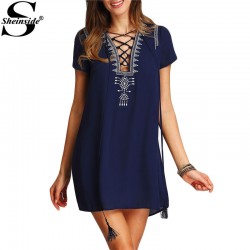Sheinside Vintage Boho Lace Up Print Front Dresses 2016 New Casual Summer Style Women Short Sleeve Royal Blue Shift Dress