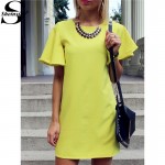 Sheinside Woman Casual Straight Dresses Summer Style Women 2016 New Arrival Ladies Yellow Short Sleeve Crew Neck Shift Dress