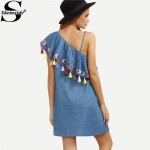 Sheinside Woman Summer Boho Dress One Shoulder Ruffle Tassel Embroidered Dresses Sexy Cute Women Blue Shift Mini Dress