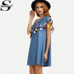 Sheinside Woman Summer Boho Dress One Shoulder Ruffle Tassel Embroidered Dresses Sexy Cute Women Blue Shift Mini Dress