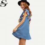 Sheinside Woman Summer Boho Dress One Shoulder Ruffle Tassel Embroidered Dresses Sexy Cute Women Blue Shift Mini Dress