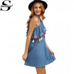 Sheinside Woman Summer Boho Dress One Shoulder Ruffle Tassel Embroidered Dresses Sexy Cute Women Blue Shift Mini Dress