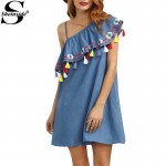 Sheinside Woman Summer Boho Dress One Shoulder Ruffle Tassel Embroidered Dresses Sexy Cute Women Blue Shift Mini Dress