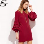 Sheinside Woman's Fashion Fall Casual Dresses Women Business Casual Clothing Red Drop Shoulder 3/4 Sleeve Dress 