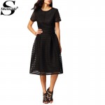 Sheinside Women Elegant Dresses 2016 Latest Fashionable Round Neck Pleated Black Short Sleeve Hollow Out Flare Flippy Mid Dress