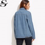 Sheinside Women Jackets 2016 Autumn Winter Denim Jacket Women Blue Button Front Pockets Lapel Long Sleeve Denim Jacket 