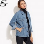 Sheinside Women Jackets 2016 Autumn Winter Denim Jacket Women Blue Button Front Pockets Lapel Long Sleeve Denim Jacket 