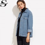 Sheinside Women Jackets 2016 Autumn Winter Denim Jacket Women Blue Button Front Pockets Lapel Long Sleeve Denim Jacket 