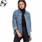 Sheinside Women Jackets 2016 Autumn Winter Denim Jacket Women Blue Button Front Pockets Lapel Long Sleeve Denim Jacket 