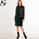 Sheinside Women Office Knee Length Short Sleeve Straight Dress Dark Green Mock Neck Zip Up Striped Velvet Dress 