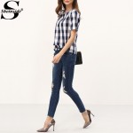 Sheinside Women Summer Style White Royal Blue Check Crew Neck Tees Women Tops Casual Shirts Short Sleeve Plaid T-shirt