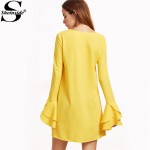 Sheinside Womens Dresses New Arrival 2017 Women Business Casual Clothing Yellow Layered Ruffle Sleeve Mini Dress 