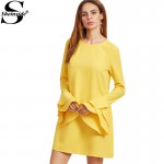Sheinside Womens Dresses New Arrival 2017 Women Business Casual Clothing Yellow Layered Ruffle Sleeve Mini Dress 