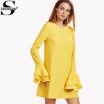 Sheinside Womens Dresses New Arrival 2017 Women Business Casual Clothing Yellow Layered Ruffle Sleeve Mini Dress 