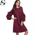 Sheinside Womens Dresses New Arrival European Style Autumn Winter Dress Tiered Ruffle Sleeve Tunic Tee Dress 