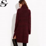 Sheinside Womens Fall Fashion Vintage Dress Burgundy Marled Knit Turtleneck Long Sleeve High Low Sweater Dress