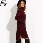 Sheinside Womens Fall Fashion Vintage Dress Burgundy Marled Knit Turtleneck Long Sleeve High Low Sweater Dress