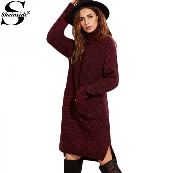 Sheinside Womens Fall Fashion Vintage Dress Burgundy Marled Knit Turtleneck Long Sleeve High Low Sweater Dress